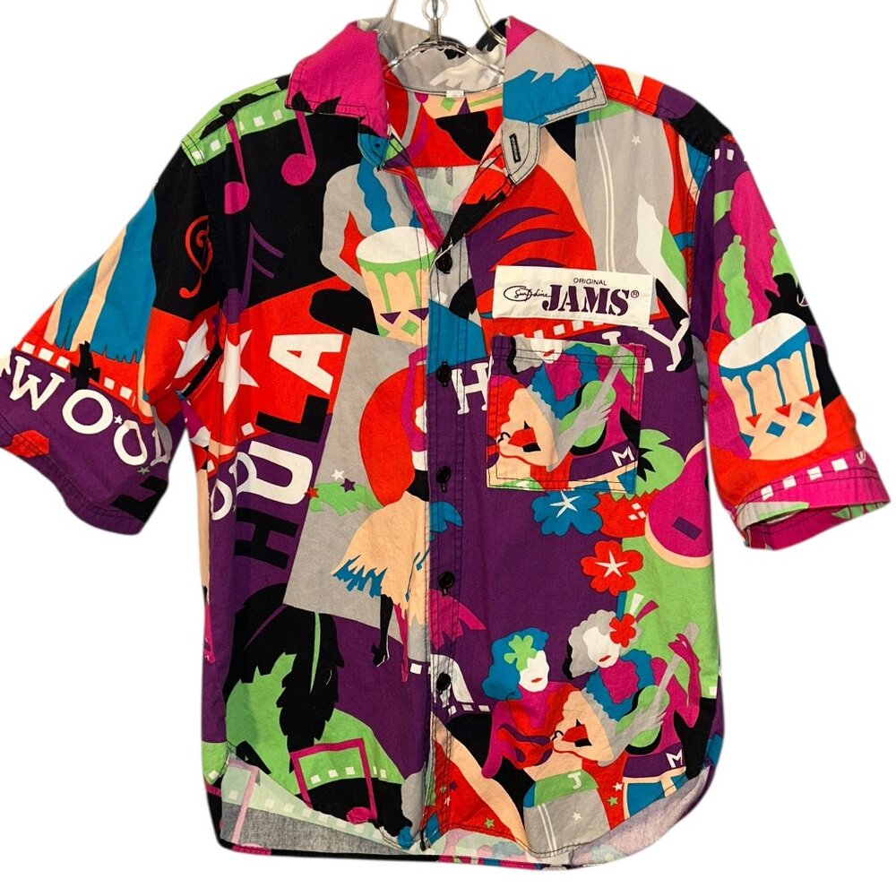 JAMS World Hollywood Hula Bold hula dancer print button down cotton shirt S